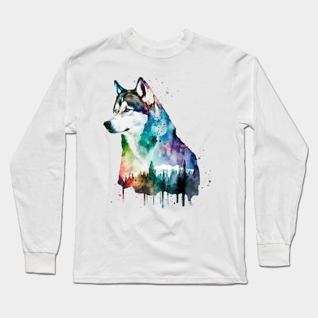 Rainbow Forest Siberian Husky Watercolor Art Long Sleeve T-Shirt by doglovershirts